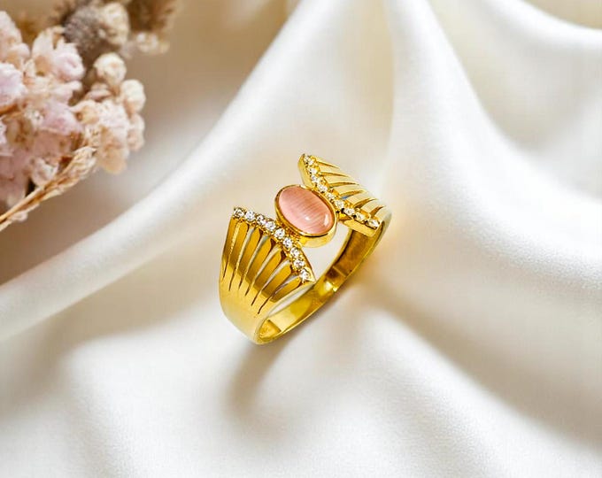 Featured listing image: Pink Cat Eye Gold Ring – 8K Solid Gold, Zircon Side Stones, Personalized Gift for Her, Unique Handmade Jewelry