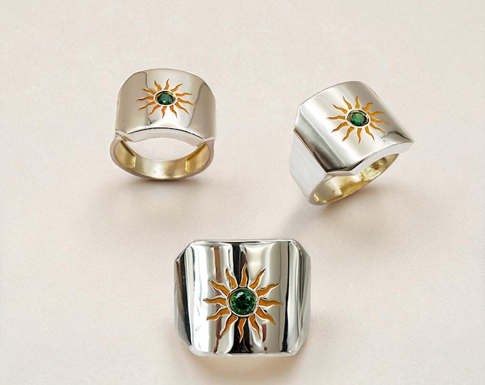 Featured listing image: Men's Emerald Green Gold Signet Ring, Personalized Sun Jewelry Gift for Him