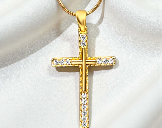 Featured listing image: Gold Pavé Cross Pendant Necklace – 14K Gold Gilled CZ Stones – Faith Gift for Her