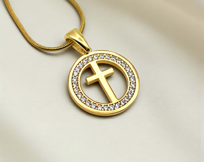 Featured listing image: Gold Pavé Halo Cross Pendant Necklace – Gold Filled CZ Sparkle on Snake Chain – Faith Gift for Her