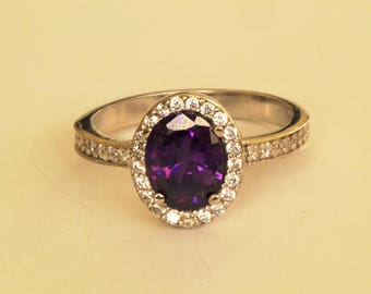 Amethyst Fiançailles Bijoux Bague en Or, Bague en Pierre de Naissance en Améthyste en Argent Sterling, Bague de Promesse Gravée Personnalisée pour femmes