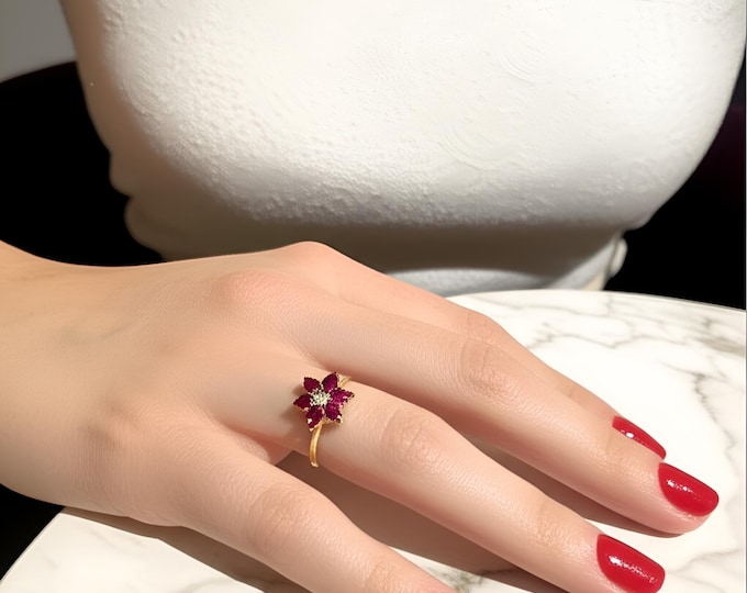 Featured listing image: Dainty Ruby Flower Ring with Marquise Cut - Delicate Gold Jewelry