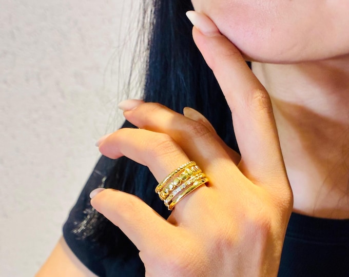 Featured listing image: Layered Gold Ring • 14K Gold Filled Brass with CZ Stones • Twisted Rope & Bead Detail • Minimalist Everyday Jewelry