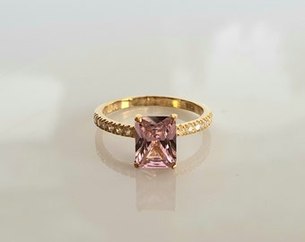 Pink Stone Gold Ring, Pink Engagement Engraved Silver Ring, Pink Quartz Birthstone Statement Ring for Women