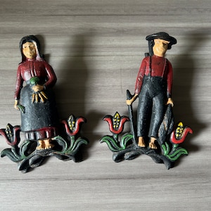 Vintage Set of Two Wilton Cast Iron Amish Farmer recipe Paper Clip Mail Holder Wall Hang Decor
