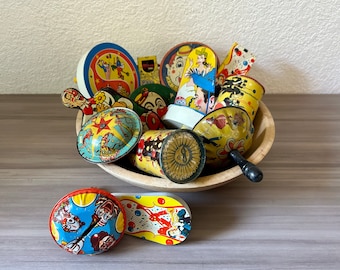 Vintage Collection of 14 Tin Litho Noise Makers in wood bowl, 1940's to 60's, US Tin Toys, Clown Noise Makers, Vintage Part Favors