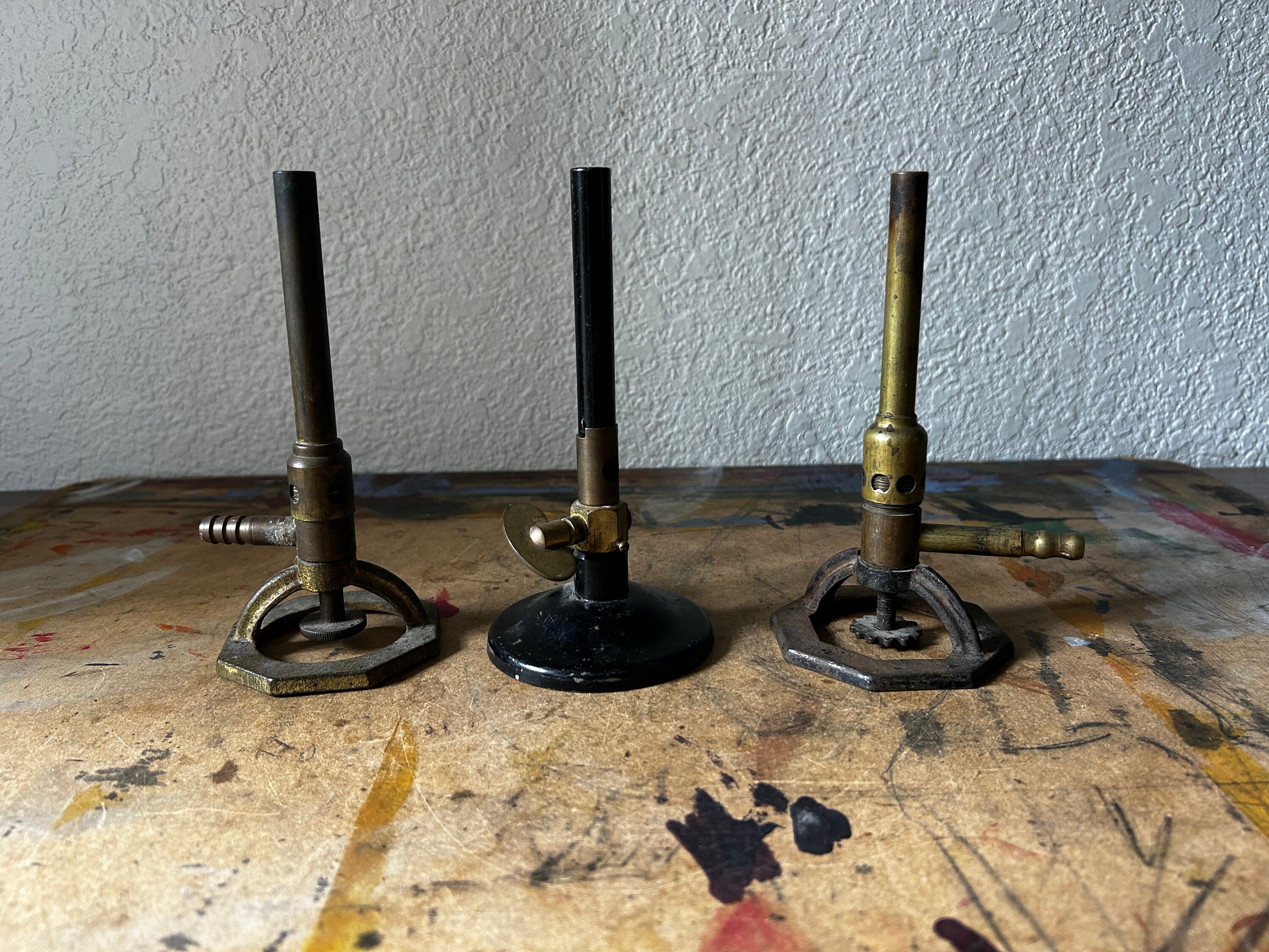 Antique Set of Three Brass Laboratory Bunsen Burners, Vintage