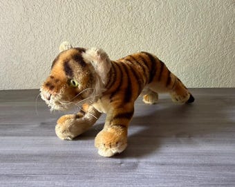 Vintage 9" Steiff Mohair Tiger,  German Collectible Plush, 1950s