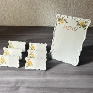 Vintage Porcelain Place Cards, Set of 6 and Menu, Yellow Flowers, White Background, Vintage, Japan, Vintage Wedding place cards
