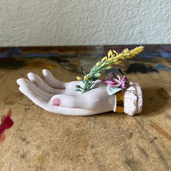 Vintage Porcelain Hand Vase, Vintage Hand Ring Dish with Rose and Pansy, Mid-Century Decor, Made in Japan