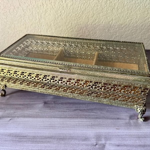 Gold Ormolu Jewelry Box with Beveled Glass Lid, Vintage Large Divided Rectangular Footed Casket,  Vanity Dresser Filigree Hollywood Regency