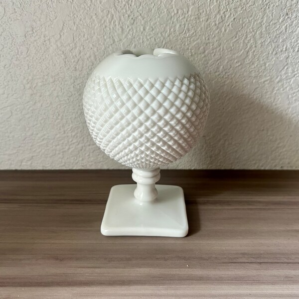 Vintage Westmoreland Milk Glass Ivy Ball Vase, Round White Vase Spherical Square Foot, Hobnail Milk Glass, Pedestal Vase Footed Ivy Ball
