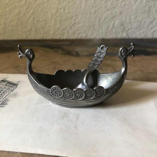 Vintage Pewter Viking Ship Boat Salt Cellar with Spoon Norway TPB TINN