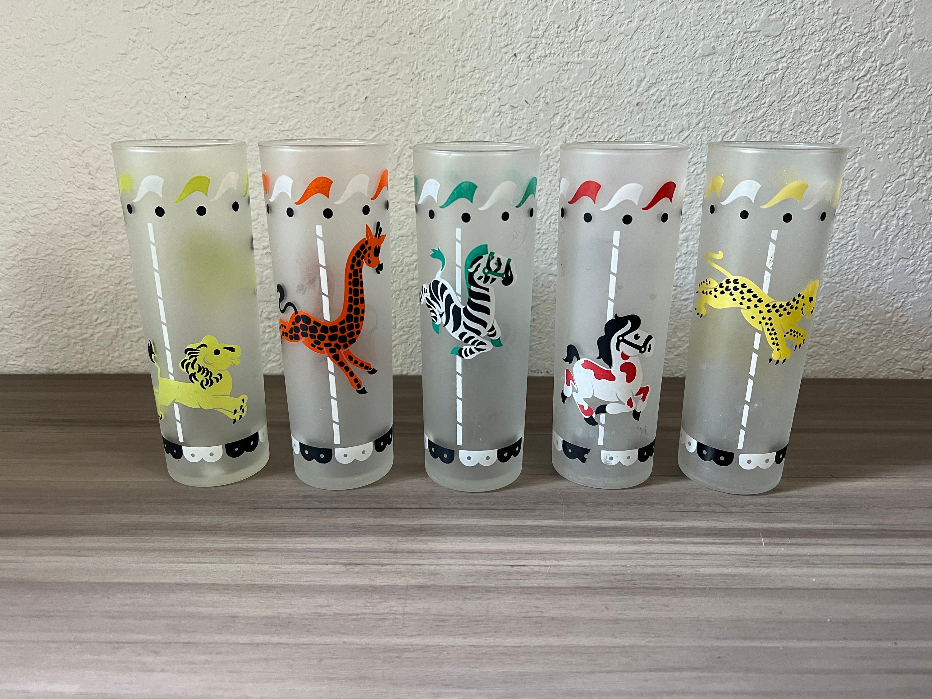 Vintage Libbey Frosted Circus Carousel Glasses Set of Five, Mid