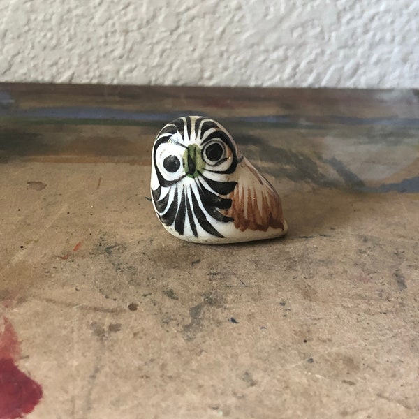 Vintage Miniature Tonala Owl Figurine Mexican Pottery Folk Art, Vintage Mexican Pottery Owl Collectible