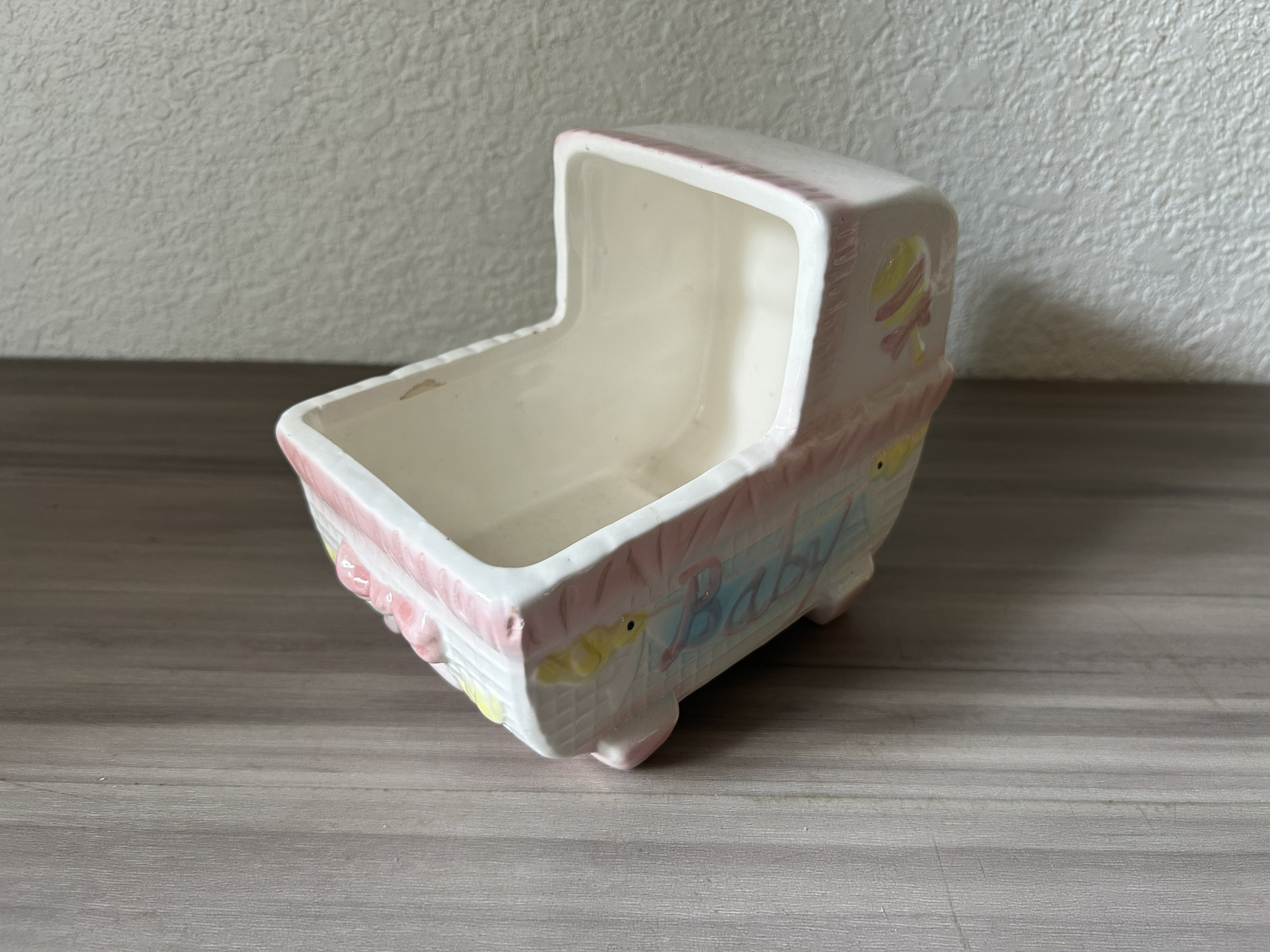 Vintage Ceramic Baby Bassinet Buggy, Abc White Planter & Storage