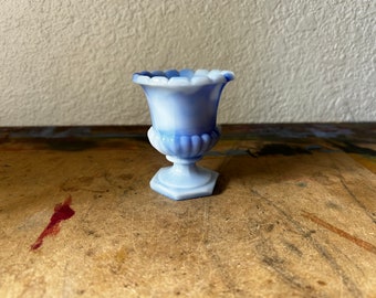 Vintage Akro Agate Blue & White Slag Glass Mini Vase Urn