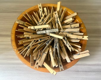 Vintage Set of 16 aged clothespins pegs, Vintage wood spring loaded clothes pins, vintage laundry supplies