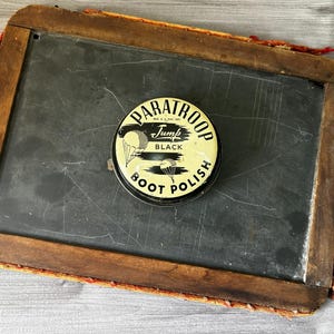 Vintage Paratroop Jump Black Boot Polish Tin, Vintage Shoe Polish Tin, 1940s WWII Era &quot;Paratroop Jump&quot; Black Boot Polish Tin