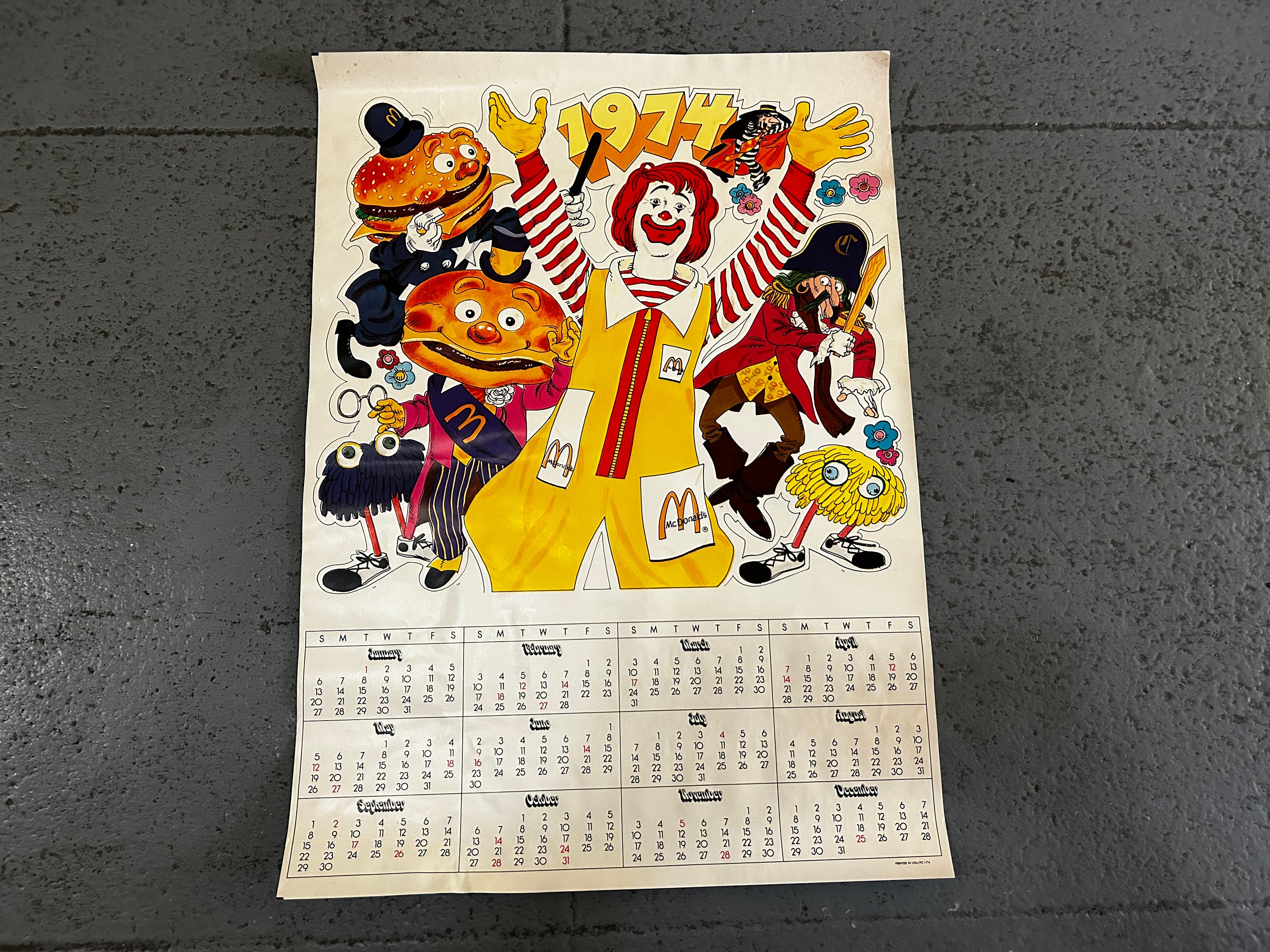 Vintage 1974 Mcdonald's Wall Calendar Poster Ronald Mcdonald