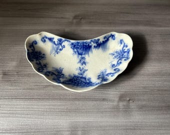 Antique Upper Hanley Flow Blue Plate Martha Bean shaped Trinket Dish, Transferware Ironstone England