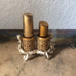 Vintage Gilt Lipstick Holder w Cherubs / Putti Cupid Lipstick Holder - Gold Plate Putti Hollywood Regency Vanity Decor