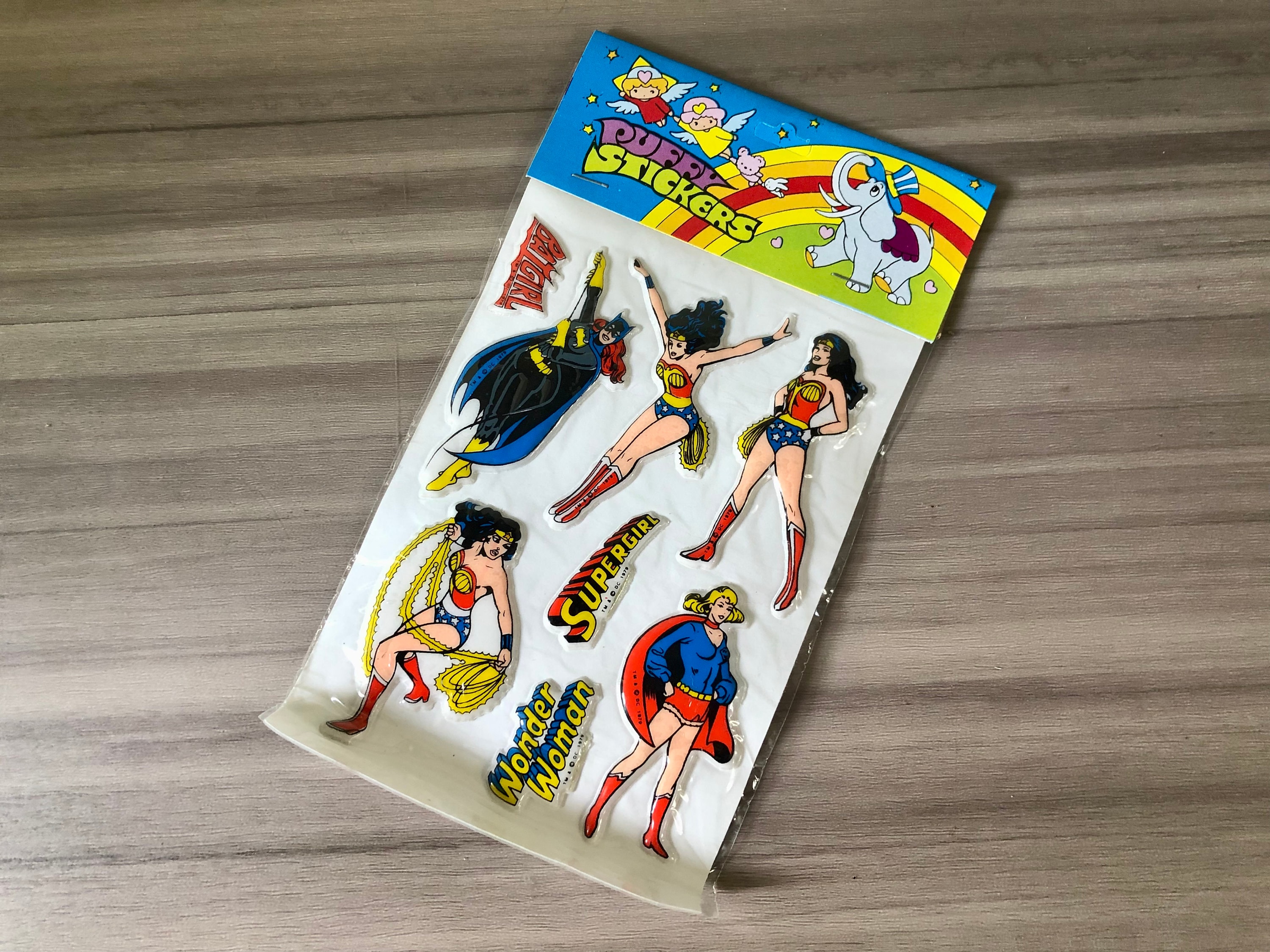 Vintage 1979 DC Comics Super Heroes Unopened Puffi Puffy Stickers Pack,  Wonder Woman, Super Girl, Bat Girl 