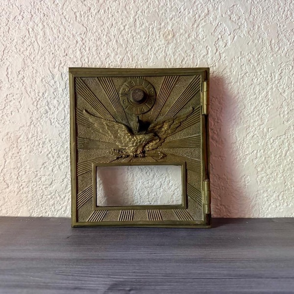 Antique Brass Post Office Mailbox Door, Vintage Post Office, Bank, Mailbox Banks, PO box door bank with Eagle, Folk Art Coin Bank Coin