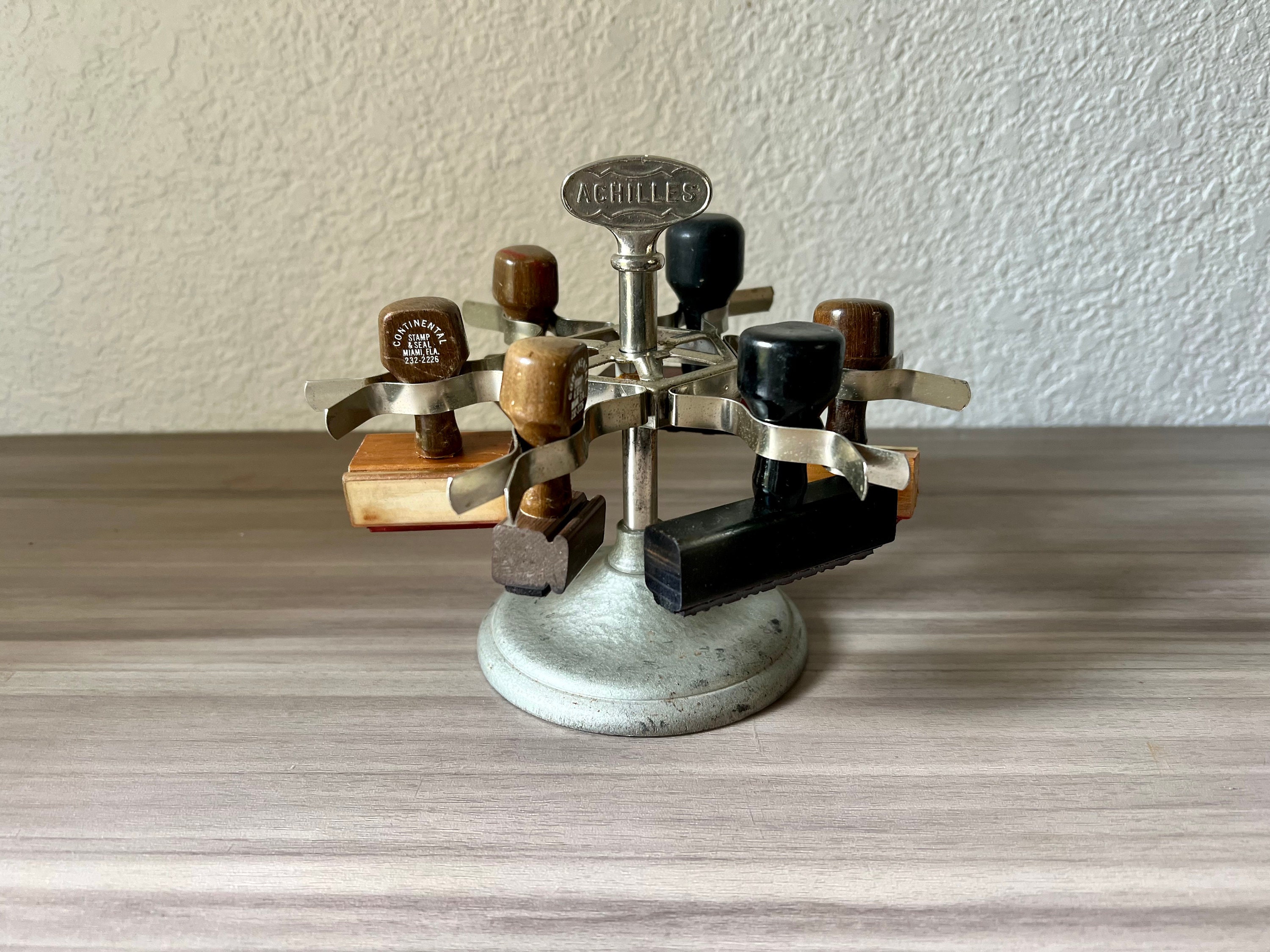 Vintage Metal Rubber Stamp Holder Carousel by Achilles With Rubber Stamps,  Unique Vase, Tool Holder, Industrial Decor, Mother's Day 