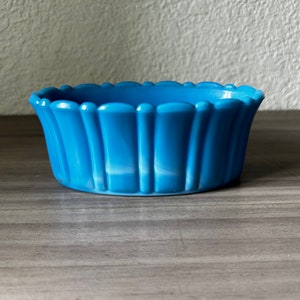 Vintage Akro Agate Glass, Blue Vertically Ribbed Oval Dish Planter