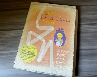 Vintage Baby Book Birth Through Seven Years in box, Vintage Baby Ephemera, Junk journaling, Baby Scrapbook, Vintage Baby Shower