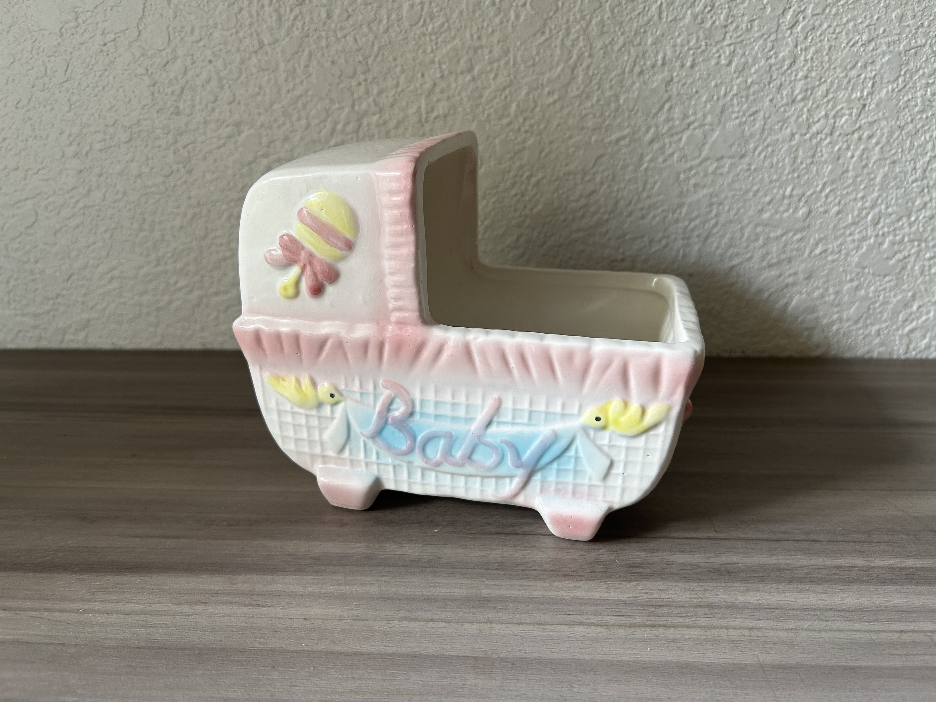 Vintage Ceramic Baby Bassinet Buggy, Abc White Planter & Storage