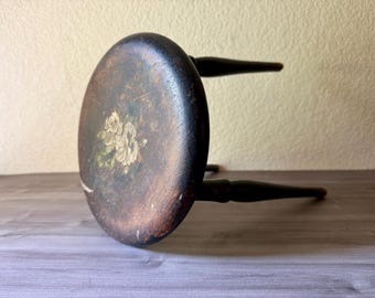 Antique Small Hand Painted Milking Stool, Hand Carved wood Tripod Milking Stool