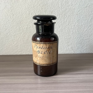 Antique Amber Spanish apothecary Bottle with original label under glass, vintage industrial decor, pharmacy, vintage medical