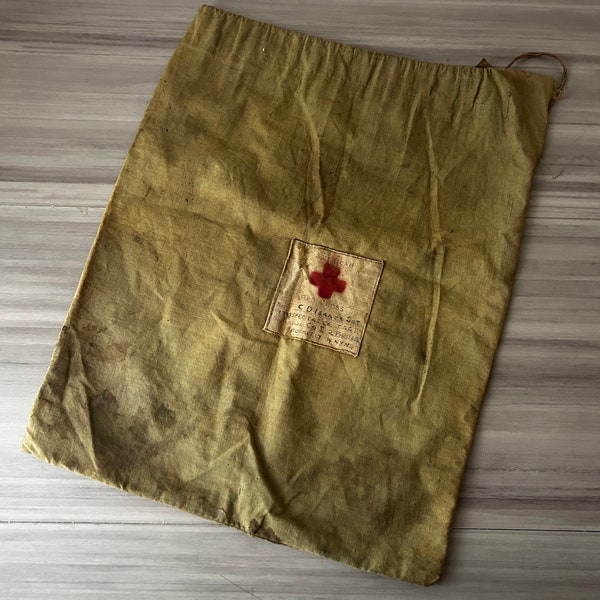 Vintage 1940s WWII American Red Cross First Aid Brown Olive Drab Cloth Drawstring Bag, Red Cross First Aid Convalescent Kit Green Bag