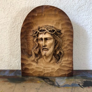 Vintage Jesus Christ Portrait Sculpture Wood Bust Carving Religious Folk Art Statue Altar Décor, Relief Wood carved plaque, Jesus Carving
