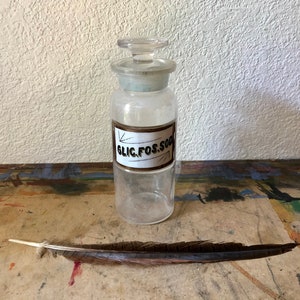 Antique English apothecary Bottle with original label under glass, vintage industrial decor, pharmacy, vintage medical
