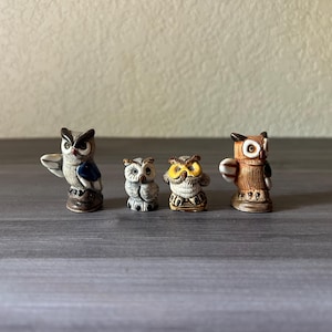 Vintage Set of Four Miniature Stoneware  Owl Figurines, Vintage Owl Pottery Figurines, Tiny Owl Family Set