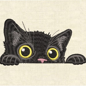 May include: A black cat with yellow eyes peeks over a surface, looking curious. Its paws are visible, and it has a pink nose.