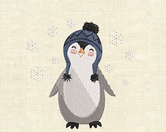 May include: A cute cartoon penguin wearing a blue knit hat with a white pom pom. The penguin is smiling and surrounded by snowflakes.