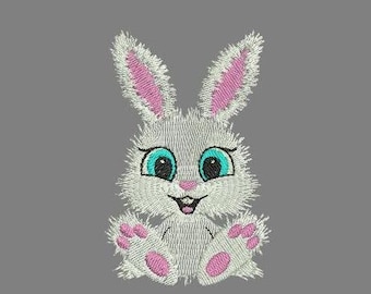 May include: A white embroidered bunny with pink ears and blue eyes. The bunny is sitting with its paws in front of it and has a smiling expression.