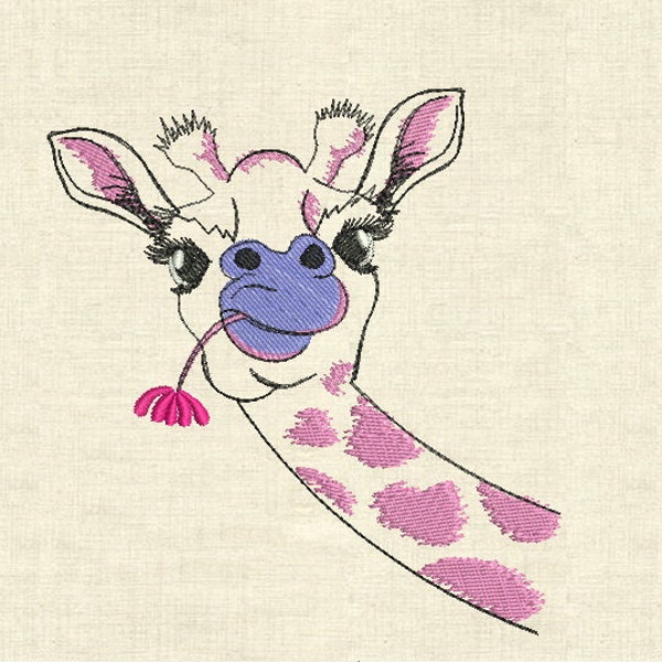 Machine embroidery designs pink giraffe with flower