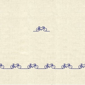 May include: A line of nine blue bicycles, with two bicycles at the top of the image, all on a white background.