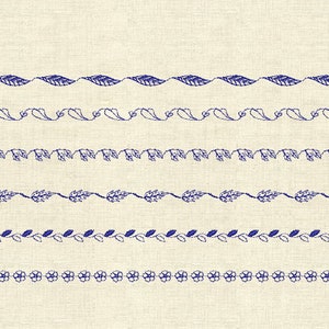 May include: Six different blue decorative borders with leaf and flower designs. The borders are on a beige background.