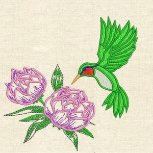 ハチドリと花の機械刺繍デザイン