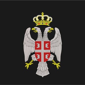 May include: A black background with a white double-headed eagle with a red shield in the center. The shield has a white cross with four stylized 'S' letters on it. The eagle is topped with a gold crown.