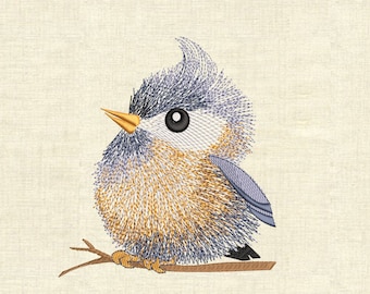 Op de afbeelding: Een borduurontwerp van een kleine, ronde vogel met een kuif, uitgevoerd in blauwe, oranje en witte draadkleuren. De vogel heeft een gele snavel, een groot zwart oog en zit op een bruine tak tegen een getextureerde crèmekleurige achtergrond.