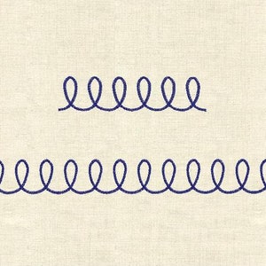 May include: Two navy blue embroidered spiral designs on a cream-colored fabric. The top design is a shorter row of spirals, while the bottom design is a longer row of spirals. The spirals are evenly spaced.