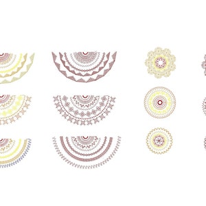 Może przedstawiać: Zestaw 10 dekoracyjnych, skomplikowanych, kolistych i półkolistych wzorów w odcieniach żółtego, czerwonego i brązowego. Wzory składają się z powtarzających się wzorów małych kółek, kropek i linii.