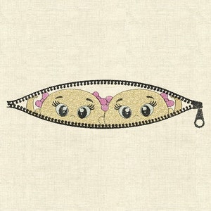 Peeking baby twins girls zipper Machine embroidery designs